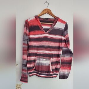 PrAna Pink White Gray Stripped Relaxed Long Sleeve Pull Over With Hood Size Larg